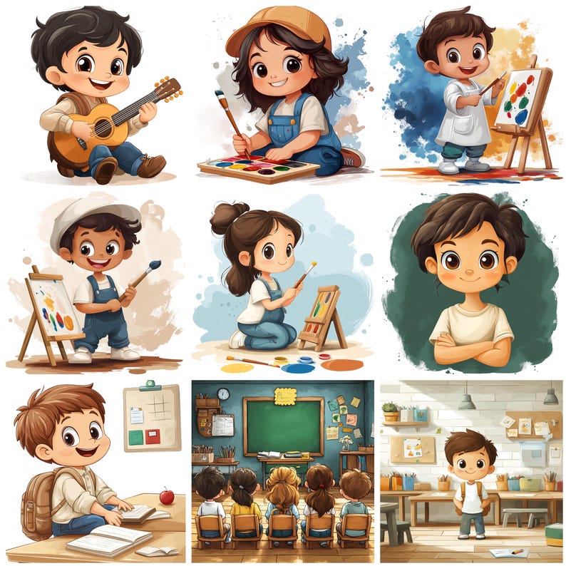 K&ouml;nnte beinhalten: Eine Sammlung von Illustrationen, die Kinder bei verschiedenen Aktivit&auml;ten zeigen. Ein Kind spielt Gitarre, andere malen oder besuchen die Schule. Die Bilder zeigen eine lebendige Farbpalette und einen Cartoon-Stil, ideal f&uuml;r Bildungs- oder Kinderprodukte.