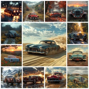 36 Pacchetto PNG di fotografie realistiche di auto d'epoca, eleganza classica e stile senza tempo nei paesaggi naturali, auto d'epoca, uso commerciale