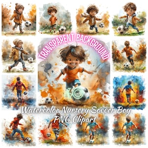 Niño futbolista en acuarela PNG Clipart, 40 ilustraciones infantiles de fútbol, imagen deportiva de jugador de fútbol joven, clipart digital de aficionado al fútbol para guardería