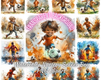 Watercolor Soccer Boy PNG Clipart, 40 Nursery Soccer Kids Illustration, Young Fotball Player Sport Image, Soccer Fan Nursery Digital Clipart