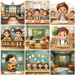 K&ouml;nnte beinhalten: Eine Collage von Illustrationen, die Kinder in einer Klassenzimmerumgebung zeigen. Szenen umfassen Sch&uuml;ler an Schreibtischen, einen Jungen mit erhobenen Armen und ein Kind, das Gitarre spielt. Die Kunstwerke weisen helle Farben und einen Cartoon-Stil auf.