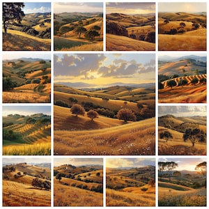 32 glooiende heuvels, landschap PNG-bundel: zachte hellingen met wilde bloemen en gouden velden, rustig landschap voor vredige clipart, commercieel gebruik