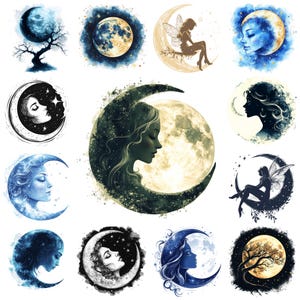 34 Mystic Moon PNG Clipart Bundle, Watercolor Abstract Moon Scenery Illustration, Moon Fairy Image, Card Making, Paper Craft, Commercial Use