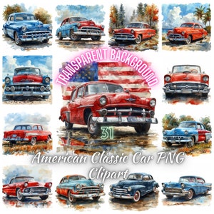31 imágenes prediseñadas de coches clásicos estadounidenses, imágenes de coches clásicos de acuarela, imágenes de coches retro, ilustración de automóviles antiguos para uso comercial