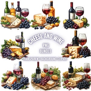 35 Watercolor Cheese and Wine PNG Clipart, Wine Fruits and Cheese Illustration, Sophisticated Wine Wall Home Art Sublimation, Commercial Use