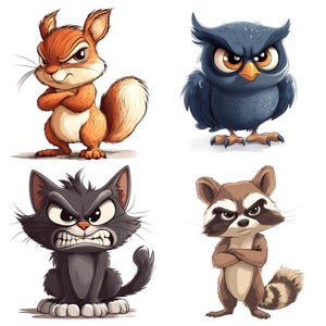 May include: A cartoon illustration of four angry animals: a red squirrel, a blue owl, a black cat, and a raccoon. Each animal has a grumpy expression and is depicted with a bold, cartoonish style.