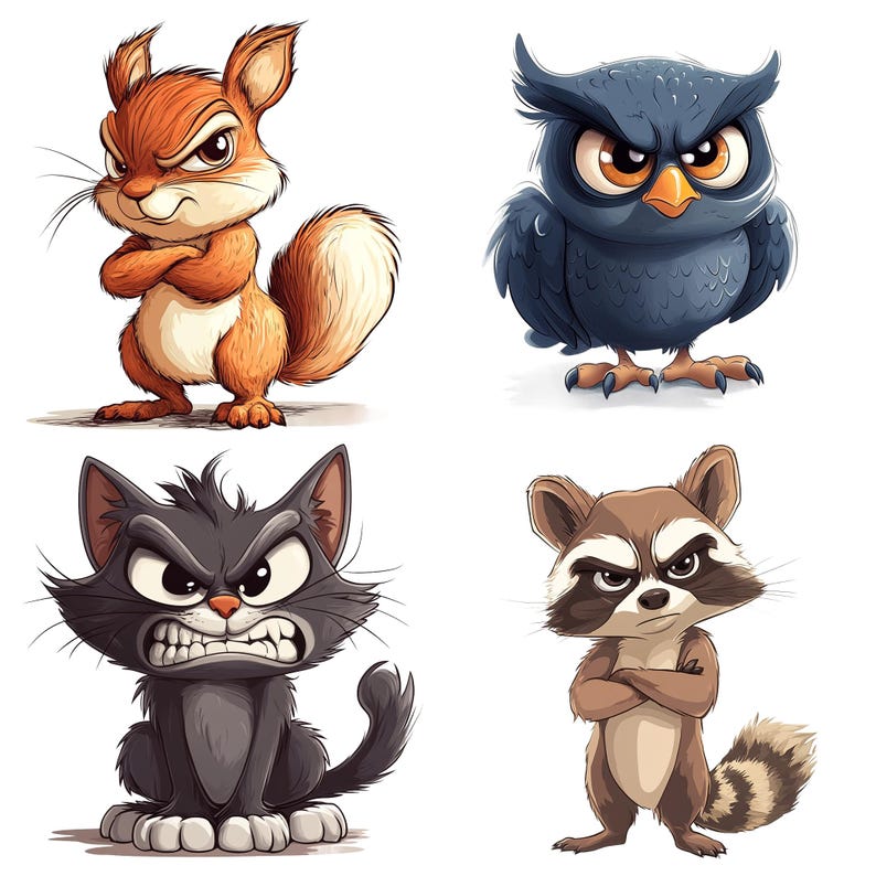 May include: A cartoon illustration of four angry animals: a red squirrel, a blue owl, a black cat, and a raccoon. Each animal has a grumpy expression and is depicted with a bold, cartoonish style.