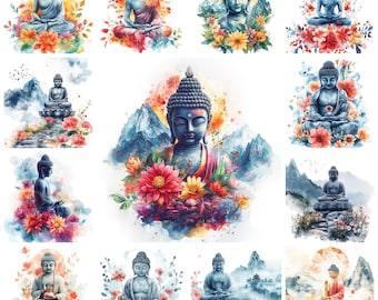 Floral Buddha Watercolor Clipart Bundle (PNG)