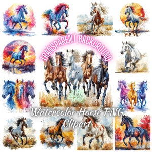 Caballo de acuarela PNG Clipart, 43 imágenes de paisajes de caballos salvajes, ilustración de paisajes de caballos en la naturaleza, artesanías digitales PNG de caballos, uso comercial