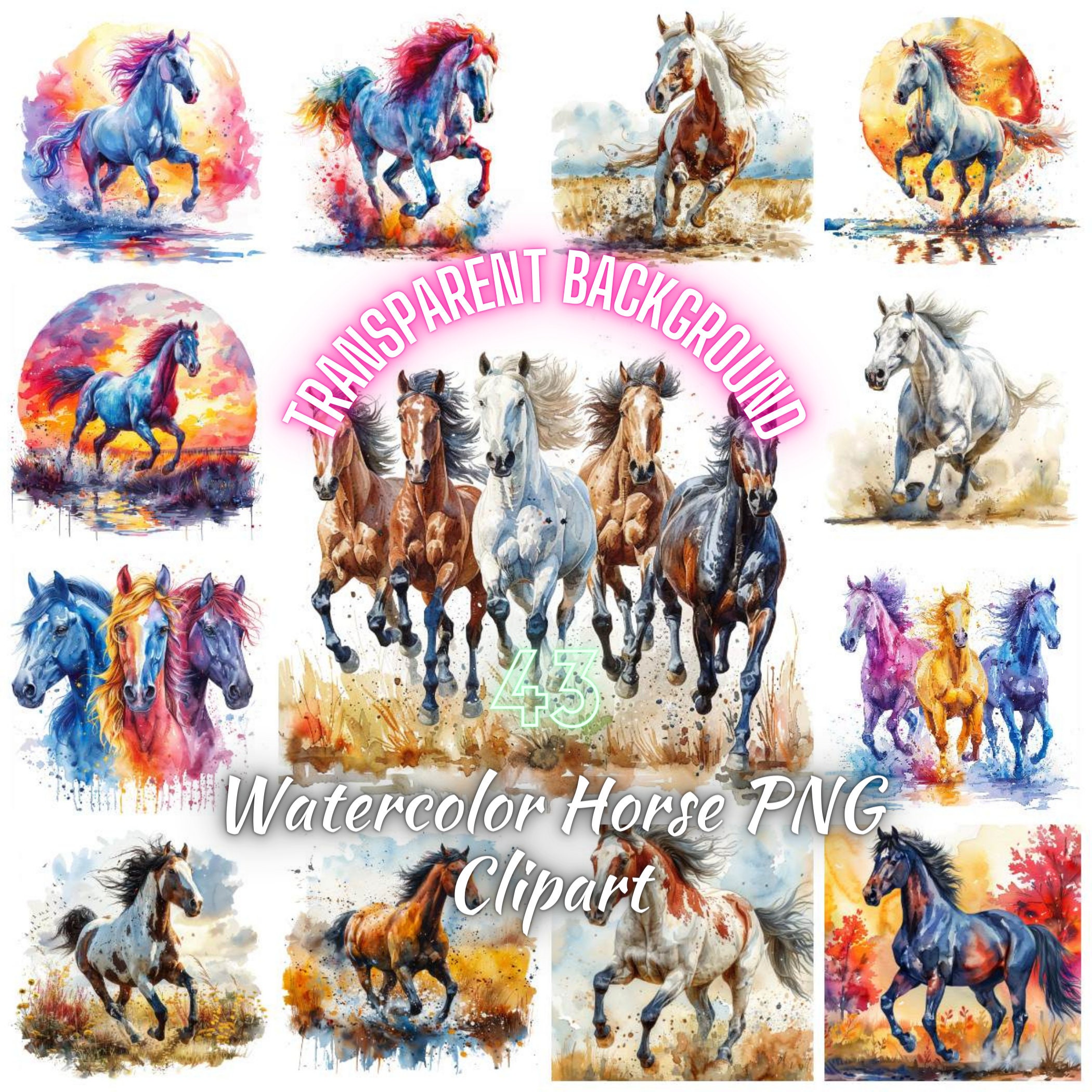 水彩画の馬 PNG クリップアート、43 の野生の馬の風景画像、自然の風景