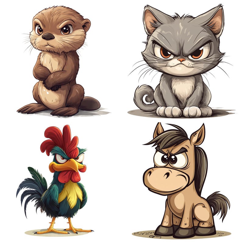 May include: A digital illustration of four cartoon animals with angry expressions. A brown otter, a gray cat, a rooster with a red comb, and a brown horse.