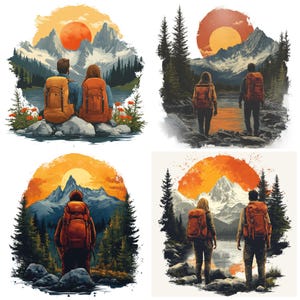 May include: Four illustrations of hikers with backpacks enjoying a scenic mountain view at sunset. The images feature couples and individuals, with a vibrant orange sun and mountain range in the background. The style is reminiscent of a watercolor painting.
