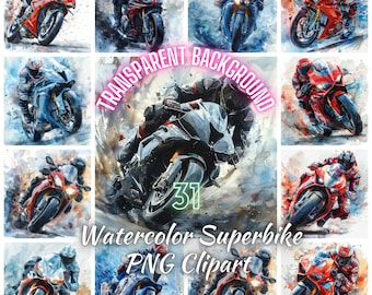 水彩スーパーバイク PNG クリップアート、31 レーシング バイクのダイナミック ポーズ イラスト、オートバイの風景画像、モーター レーシング スピード バイクの商用利用