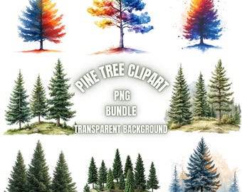Pine Tree PNG Clipart Bundle, Watercolor Pine Tree Forest Illustration, Pine Tree Tranparent Background Sublimation Pack, Commercial Use
