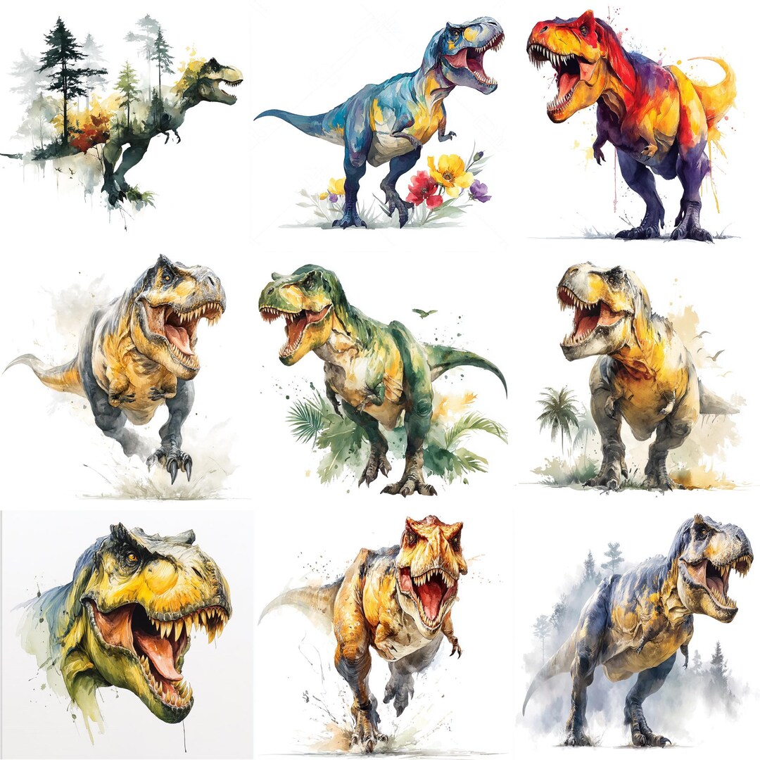 50 T-rex Dinosaurs PNG Clipart Bundle, Watercolor T - Rex Jurassic Park ...