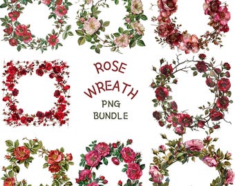 Watercolor Rose Wreath Clipart Bundle, Floral Garland PNG (Digital Download)