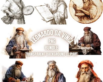 Leonardo Da Vinci PNG-clipartbundel, aquarel beroemde figuren Leonardo da Vinci Renaissance genie, historische iconen, commercieel gebruik