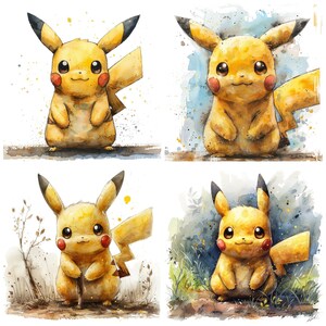 May include: Four watercolor paintings of Pikachu, a popular Pokemon character. Each painting features Pikachu in a different pose and setting. The first painting shows Pikachu standing on a light brown surface. The second painting shows Pikachu standing on a light blue surface. The third painting shows Pikachu standing on a brown surface with a stick in its paws. The fourth painting shows Pikachu standing on a brown surface with green plants in the background.