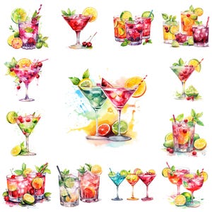Paquete de 56 imágenes prediseñadas de cócteles PNG, ilustración de bebida tropical con mezcla de cócteles de acuarela, imágenes de cócteles de verano, cócteles de frutas, uso comercial