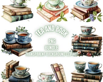 Vintage Tea and Book PNG Clipart Bundle, Watercolor Cozy Reading Tea Time Illustration, Book Lover Images, Card Making, Commercial Use