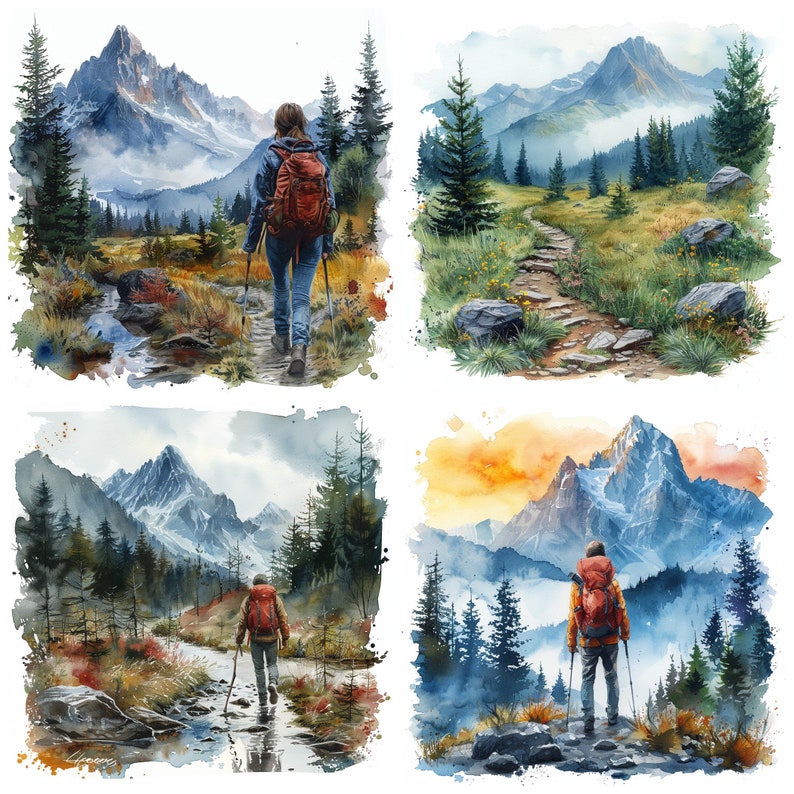 Peut inclure: Quatre aquarelles repr&eacute;sentant des randonneurs dans des paysages montagneux. La premi&egrave;re montre un randonneur avec un sac &agrave; dos marchant sur un sentier &agrave; travers une for&ecirc;t. La deuxi&egrave;me montre un sentier serpentant &agrave; travers une for&ecirc;t avec des montagnes en arri&egrave;re-plan. La troisi&egrave;me montre un randonneur avec un sac &agrave; dos marchant &agrave; travers une for&ecirc;t avec un ruisseau au premier plan. La quatri&egrave;me montre un randonneur avec un sac &agrave; dos debout au sommet d'une montagne surplombant une vall&eacute;e.