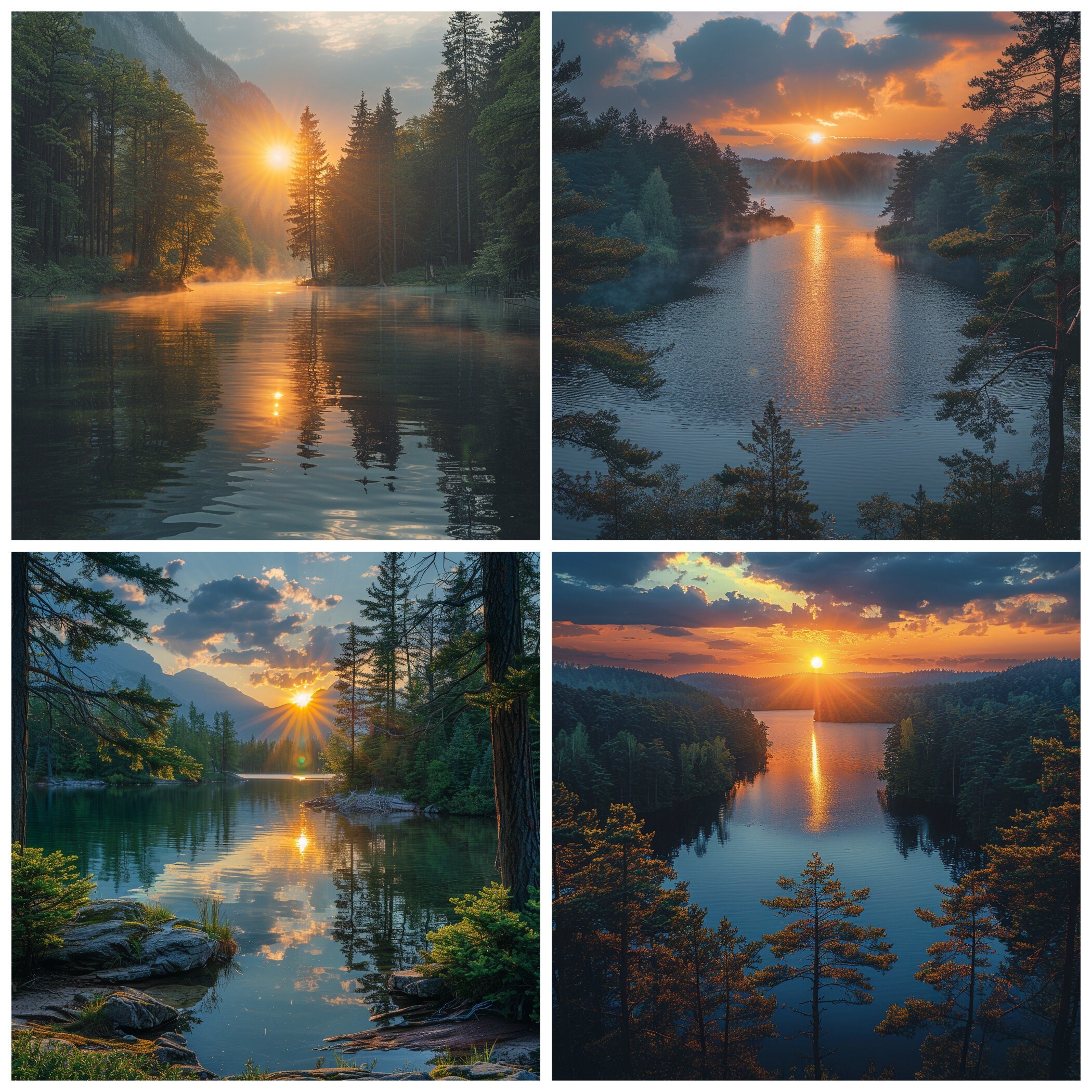 30 Beautiful Sunrise Over the Lake Surrounded by Green Trees PNG ...
