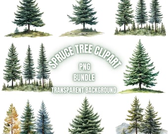 Gran PNG Clipart-paket, akvarell granillustration, granlandskap, transparent bakgrund, sublimeringspaket, kommersiellt bruk