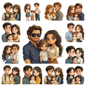 21 Chibi Family PNG Clipart Bundle, Illustrazione di famiglia carina dei cartoni animati, Creazione di biglietti, Scrapbooking, Artigianato di carta, Uso commerciale