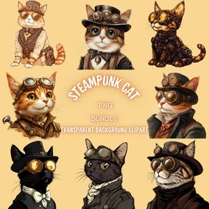 Steampunk Cat Breed PNG Clipart Bundle, Watercolor Victorian Cat Mechanical Style Illustration, Vintage Machinery Art Pack, Commercial Use