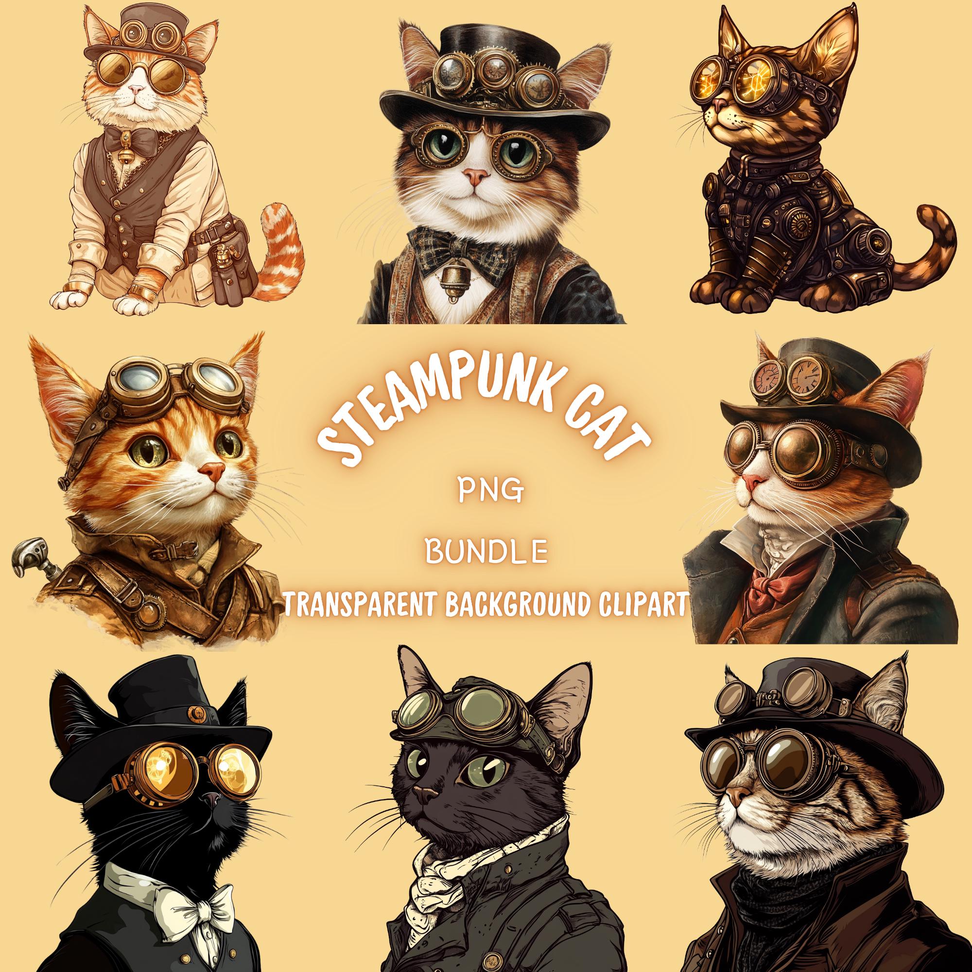 スチームパンク風猫のクリップアート集、ビクトリアンスタイル（PNG