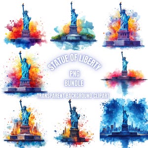 Estátua da Liberdade PNG Clipart Bundle, Estátua da Liberdade em aquarela Ilustração de paisagem de Nova York, Arte da Estátua da Liberdade, Uso comercial