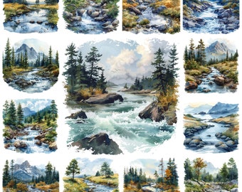 急流の川 PNG 風景クリップアート、水彩画の急流の風景イラスト、野生の川の景色、山の川の画像、穏やかな川 PNG