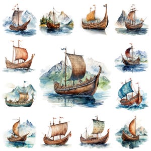 30 Ancient Viking Ship PNG Clipart Bundle, Watercolor Longship Illustration, Drakkar Sublimation, Nordic Longboat, Wooden Viking Warship