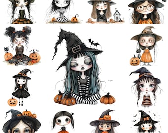 Whimsical Halloween Girl Clipart Bundle, Spooky Witch PNG (Commercial Use)