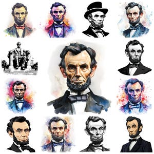 32 Abraham Lincoln PNG Clipart Bundle, Watercolor American Presidential Icon Lincoln Illustration, Civil War Leader Images, Commercial Use