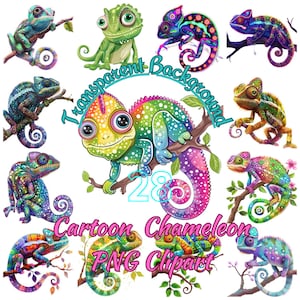 Paquete de 28 imágenes prediseñadas de camaleón adorable de dibujos animados, imágenes de lagartos coloridos, ilustración divertida de camaleón, reptil lindo, uso comercial