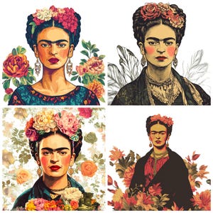 May include: Four digital illustrations of Frida Kahlo, a famous Mexican painter, with colorful floral backgrounds. Each illustration features Frida with a unique floral crown and a different expression.