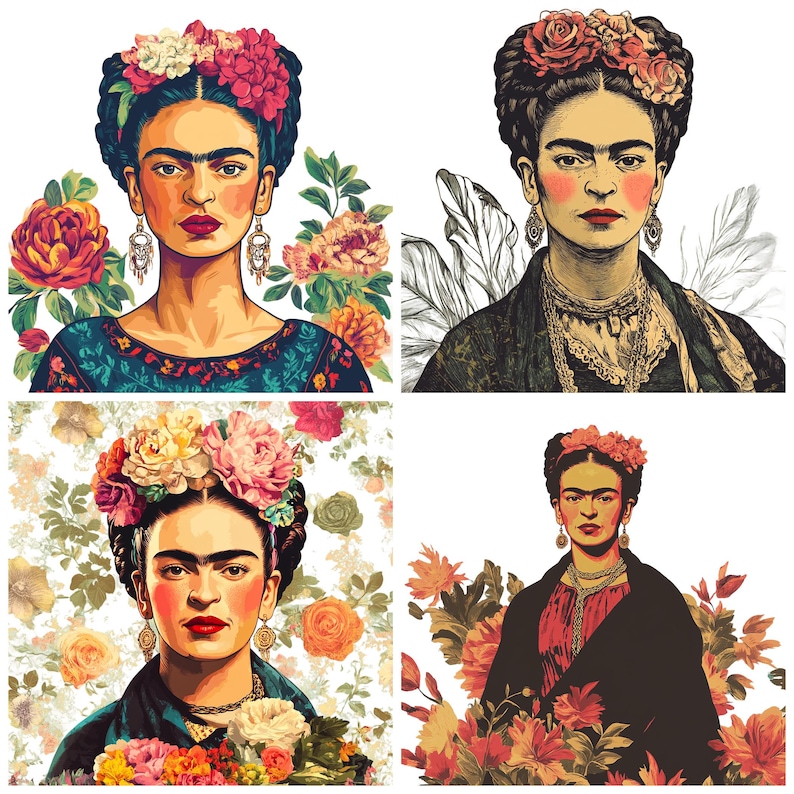May include: Four digital illustrations of Frida Kahlo, a famous Mexican painter, with colorful floral backgrounds. Each illustration features Frida with a unique floral crown and a different expression.