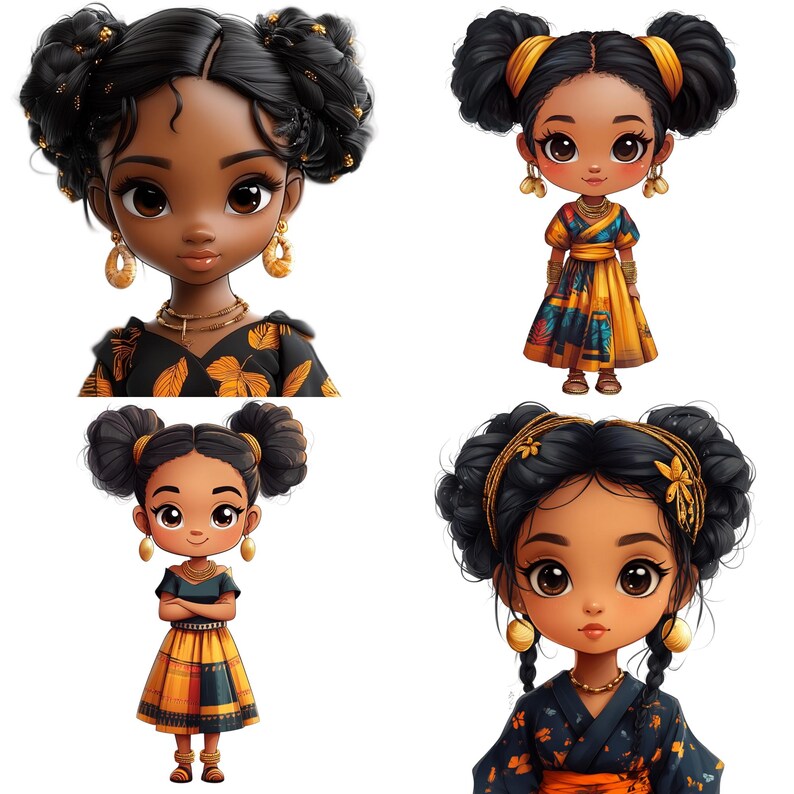 Shell Chibi 31 Chibi Black Girl PNG Bold Kente Dress, Cowrie Shells & Gold Bangles ...