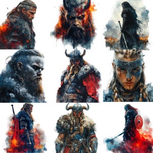 Könnte beinhalten: Eine digitale Malerei-Collage mit neun verschiedenen Wikingerkriegern. Jeder Krieger ist in einer anderen Pose dargestellt und trägt unterschiedliche Rüstungen und Waffen. Die Krieger sind alle vor einem Hintergrund aus Aquarell-Waschungen platziert.