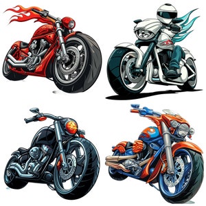 May include: Four cartoon motorcycles in different colors, red, white, black, and orange. The motorcycles have different designs and features, including flames, chrome accents, and a rider wearing a helmet.