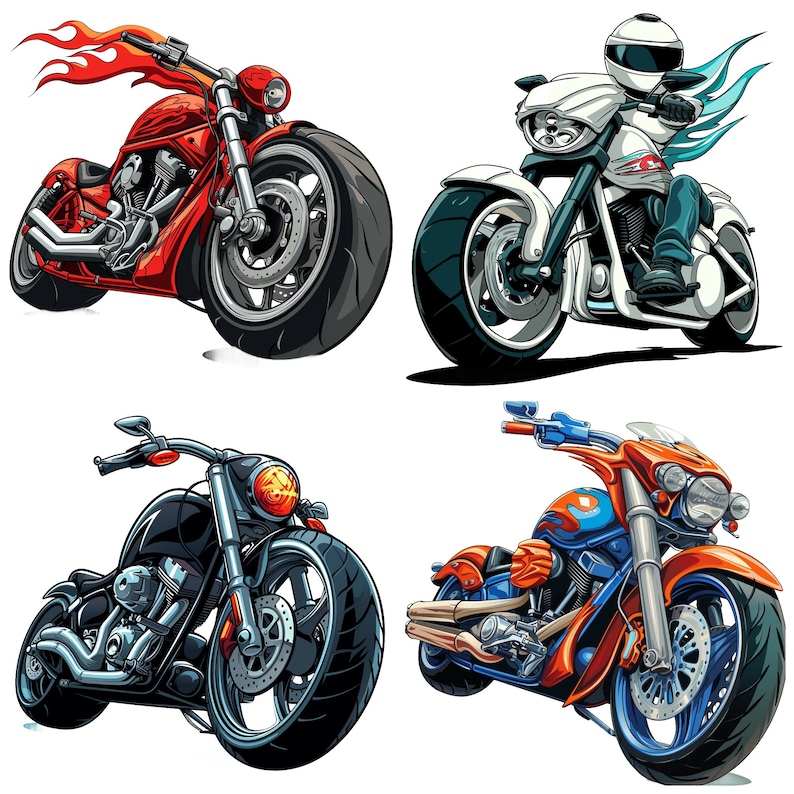 May include: Four cartoon motorcycles in different colors, red, white, black, and orange. The motorcycles have different designs and features, including flames, chrome accents, and a rider wearing a helmet.