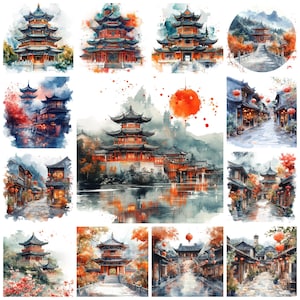 45 Chinese Architecture PNG Clipart Bundle, Watercolor Traditional Pagoda Imperial Design, Ancient Chinese Wall Paper Craft, Commercial Use