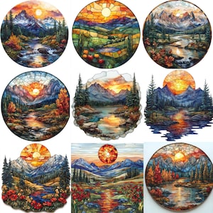 May include: Nine stained glass style illustrations of mountain landscapes with rivers and lakes. Each image features a sunset with a bright orange sun and blue, green, and brown colors.