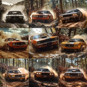 Stofgedreven muscle car racen op ruige onverharde wegen PNG clipart-bundel, realistische fotografie, raceauto kunst aan de muur, commercieel gebruik