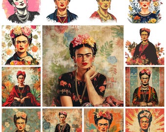 40 Vintage Frida Kahlo Clipart PNG Bundle, Watercolor Retro Kahlo Illustration, Boho Frida Card Making, Frida Paper Crafts, Commercial Use