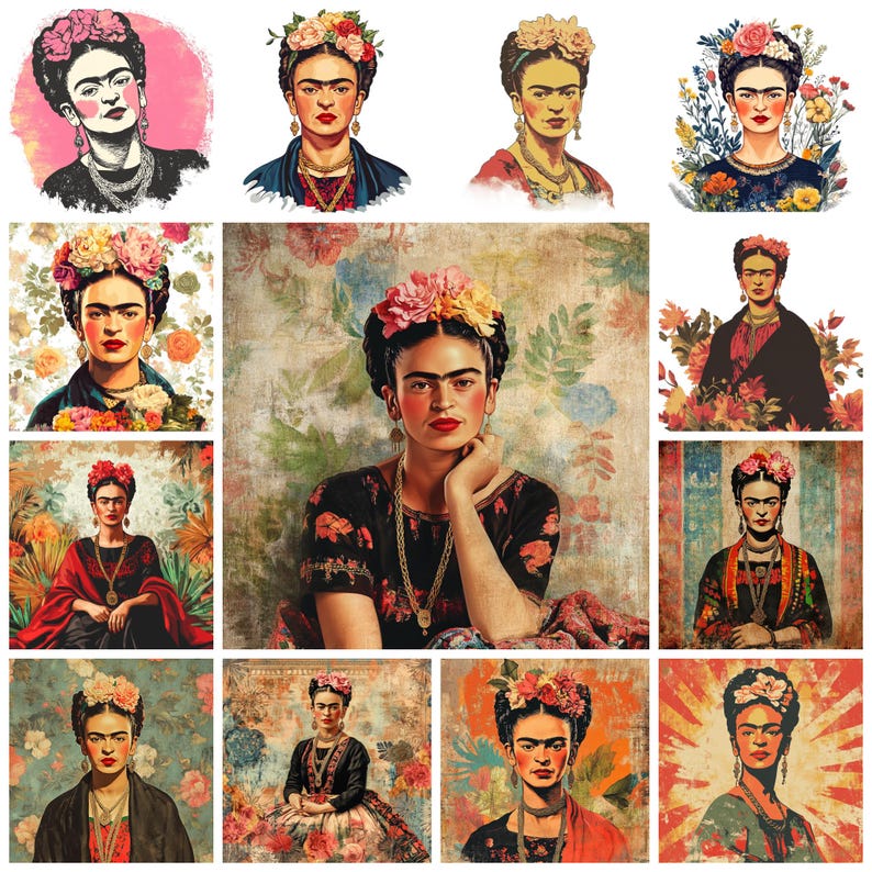 May include: A collage of 10 images featuring Frida Kahlo, a famous Mexican painter. Each image depicts Frida with a different background and floral crown. The images are in a vintage style with a faded, textured look.