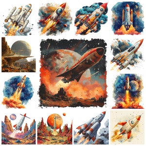 May include: A digital collage of ten watercolor illustrations featuring spaceships and rockets flying through space. The illustrations are set against a backdrop of planets, stars, and nebulae. The spaceships are depicted in various styles, from sleek and modern to retro and futuristic.