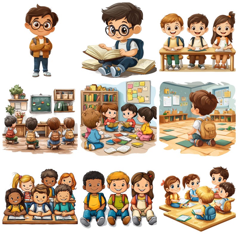 K&ouml;nnte beinhalten: Eine Sammlung farbenfroher Illustrationen, die Kinder in einer Schulumgebung zeigen. Die Bilder zeigen Sch&uuml;ler beim Lesen, an Schreibtischen sitzend und in einer Klassenzimmerumgebung interagierend. Die Illustrationen zeigen Kinder mit Rucks&auml;cken, B&uuml;chern und verschiedenen Schulmaterialien.