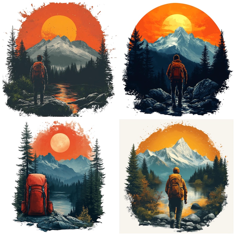May include: Four illustrations of a person hiking in the mountains at sunset. Each image features a person with a backpack, surrounded by trees, mountains, and a body of water. The sky is a gradient of orange and yellow.